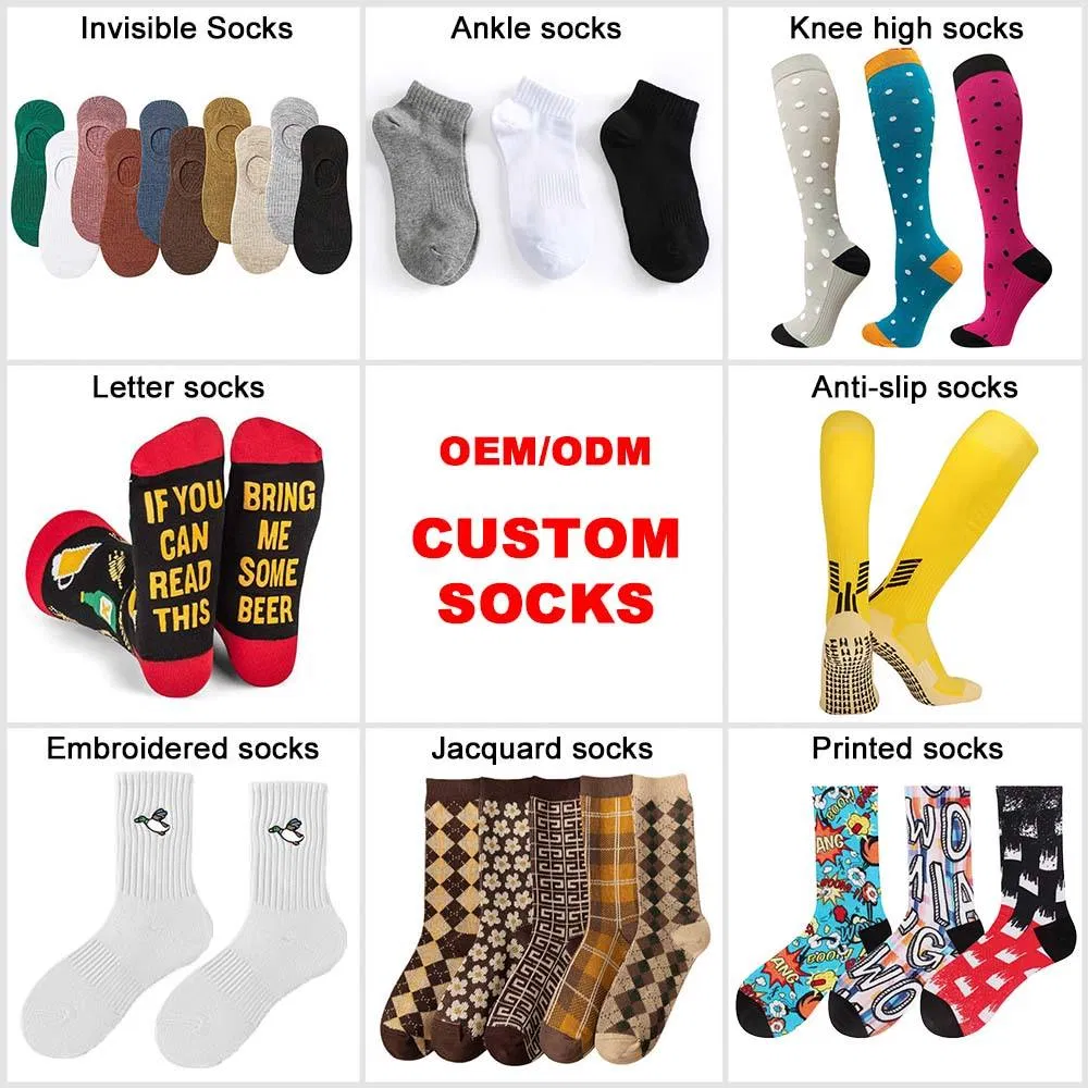 AI-MICH OEM Manufacture Low Cotton Packaging Jacquard Embroidery Print Knitted Crew Ankle Sport Socks