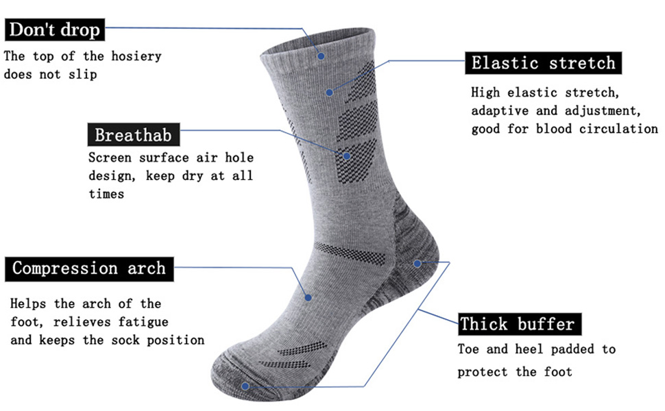Custom Mens Walking Hiking Black Socks Thick Anti Blister Sports Heavy Duty Multipack Grey Breathable Cushioned Cotton Athletic Socks
