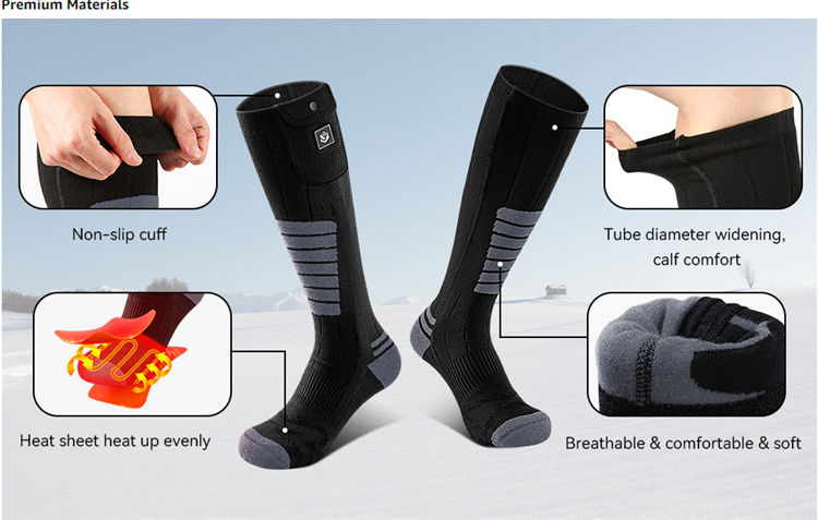 Custom Electric Rechargeable Battery Heated Socks for Men and Women Anti-Slip Crew High for Skiing Cycling Fishing Hiking