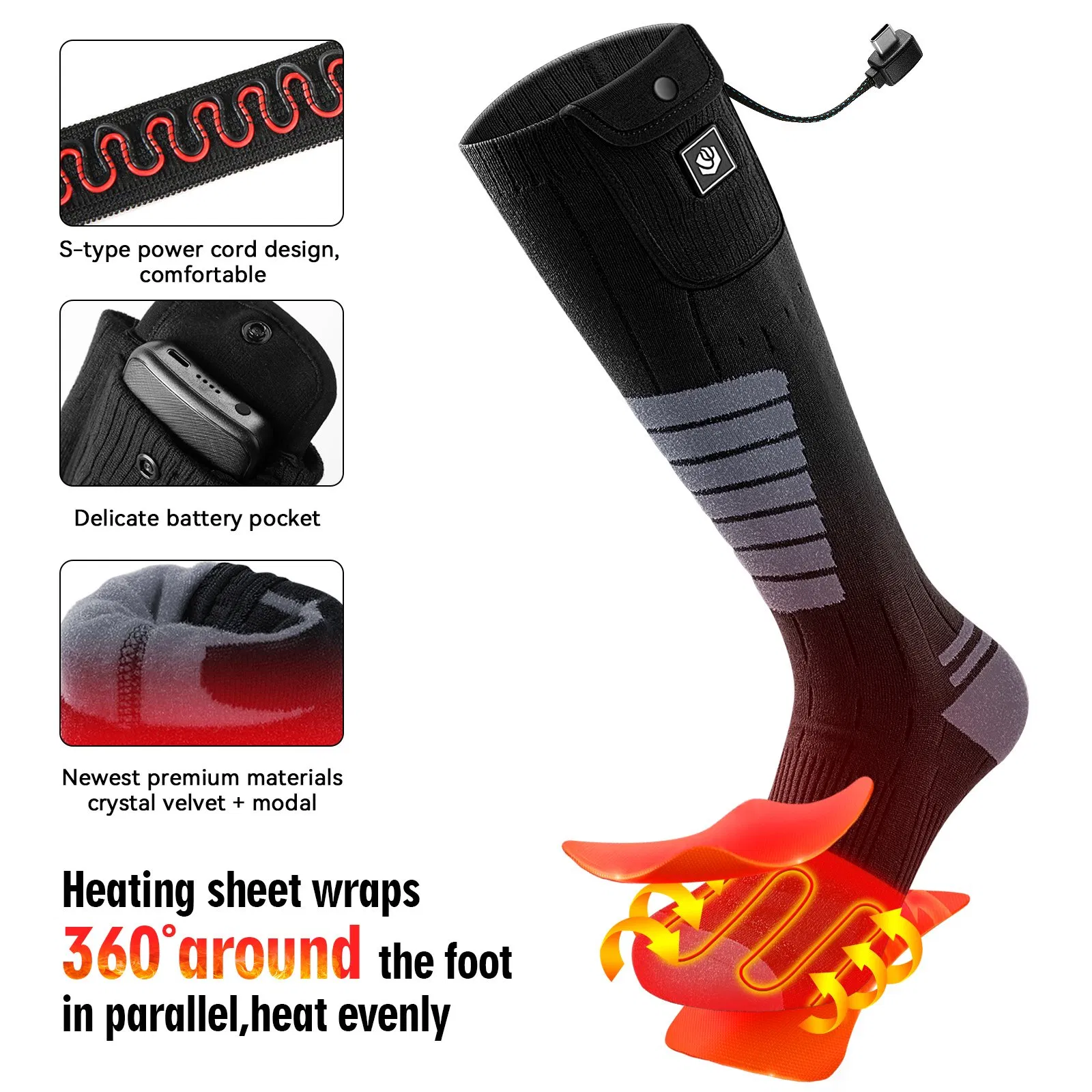 Custom Electric Rechargeable Battery Heated Socks for Men and Women Anti-Slip Crew High for Skiing Cycling Fishing Hiking