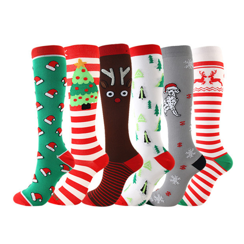 Christmas Compression High Stockings Women Men Pressure Socks Compress Sports Pattern Running Knee High Nylon Run Socks
