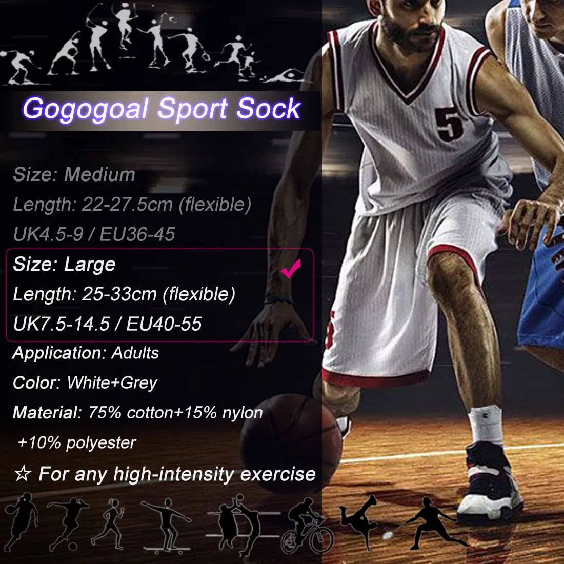 Anti-Slip Sport Sock for Men Women, Anti Blister Cushion Wicking Breathable Non-Slip Aheletic Socks for Football Basketball