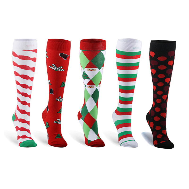 Christmas Compression High Stockings Women Men Pressure Socks Compress Sports Pattern Running Knee High Nylon Run Socks