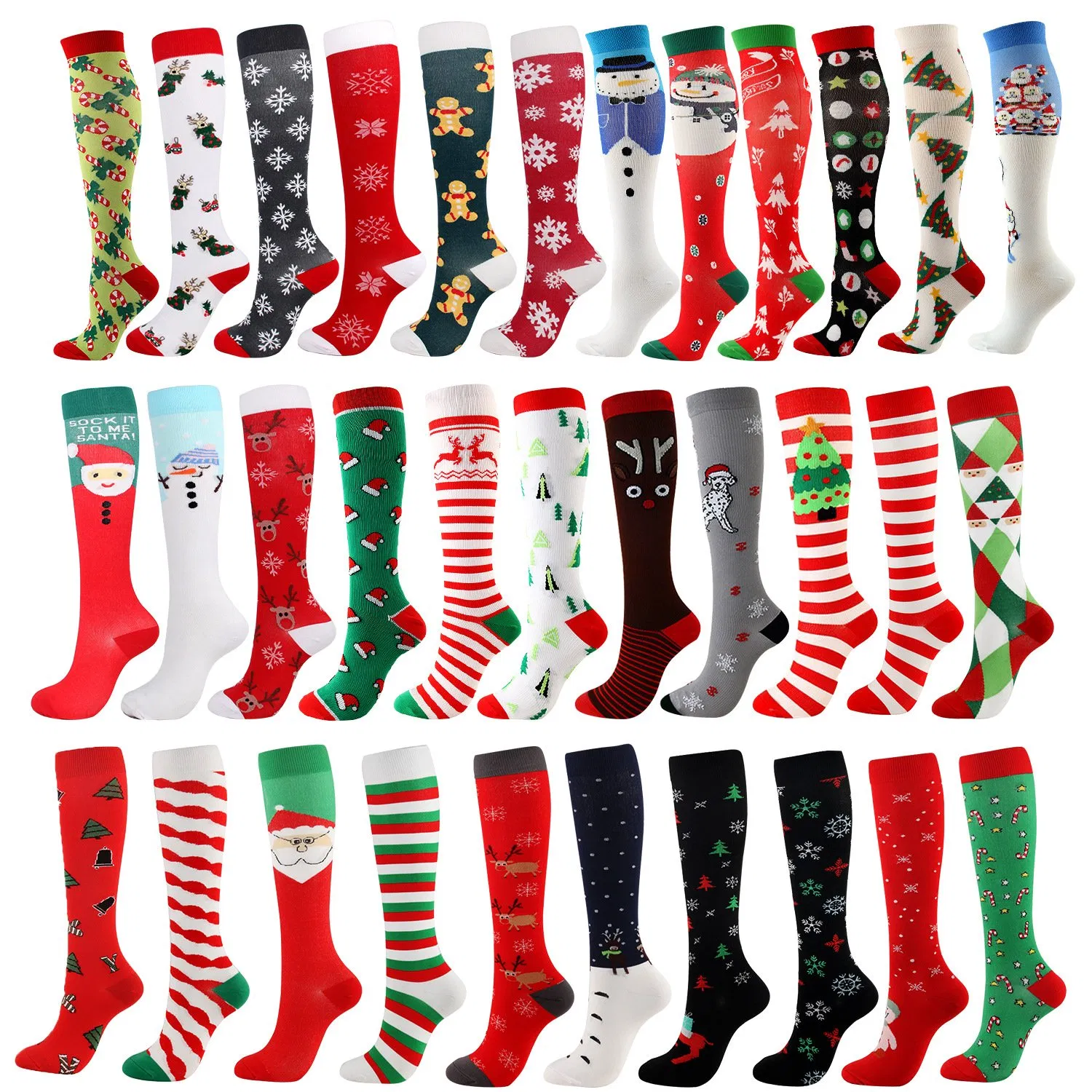 Christmas Compression High Stockings Women Men Pressure Socks Compress Sports Pattern Running Knee High Nylon Run Socks