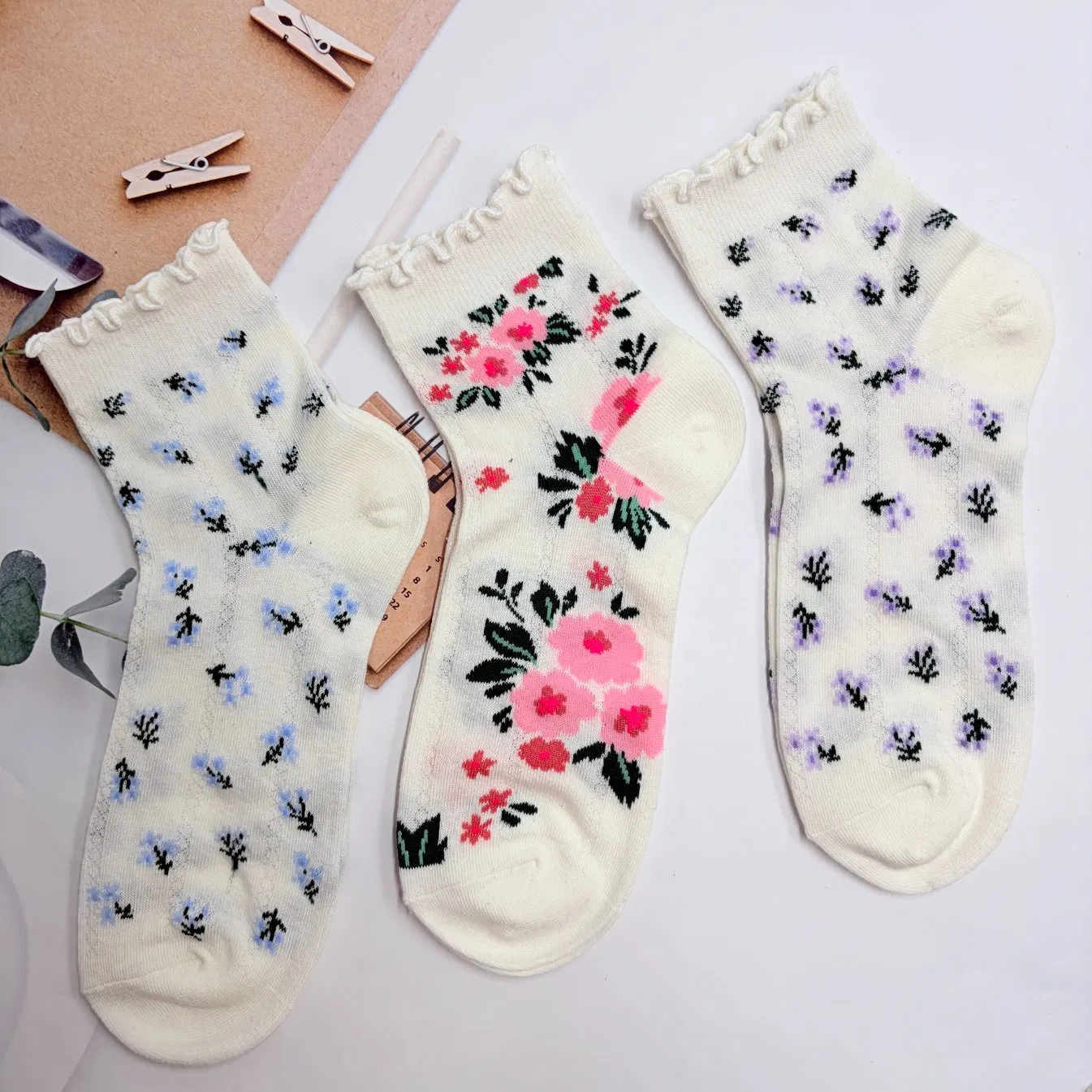Wholesale Floral Print Mesh Knitted Women Socks Breathable Cotton Socks