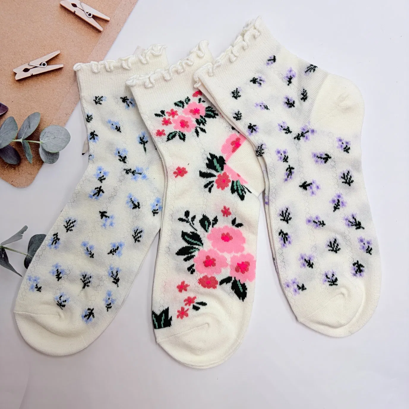 Wholesale Floral Print Mesh Knitted Women Socks Breathable Cotton Socks