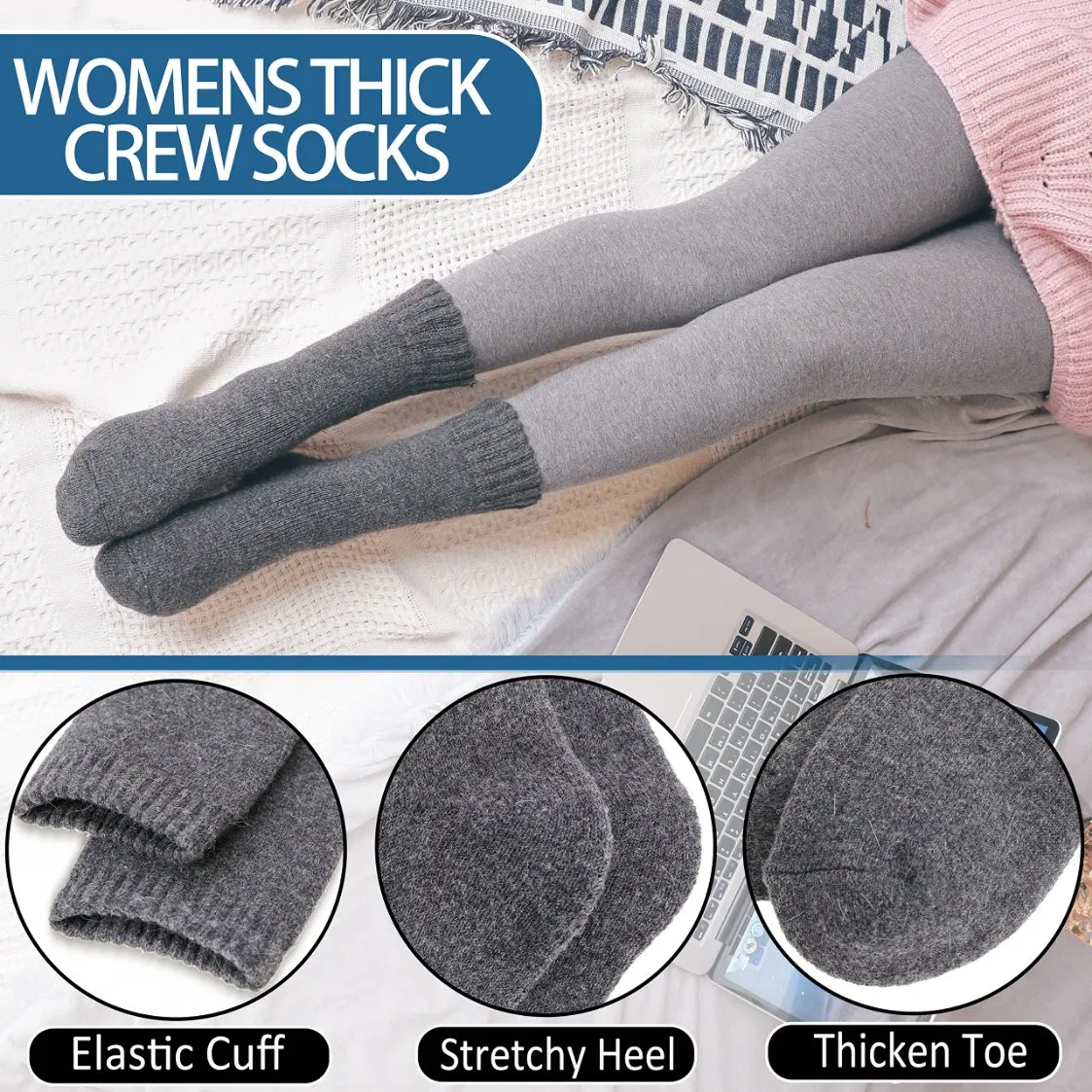 Custom High Quality Women Thickened Cushion Outdoor Hiking Crew Merino Wool Socks