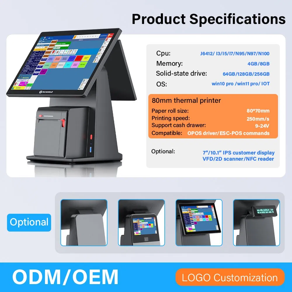 Scangle POS Cash Register System Windows Dual Screen Touch POS Machine Internal 80mm Printer&Qr Scanner
