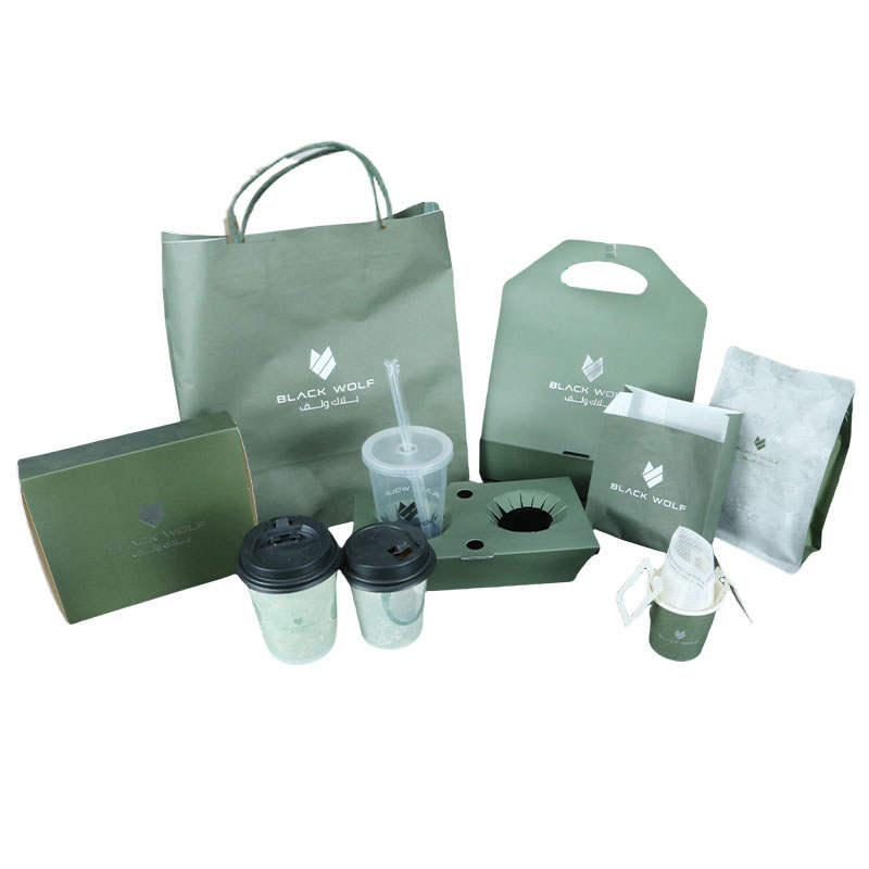 Eco-Friendly Coffee Series Custom Kraft Paper Packaging Bag Coffee Shops Take Away Cups Holder Cups Box Bag and Coffee Cup