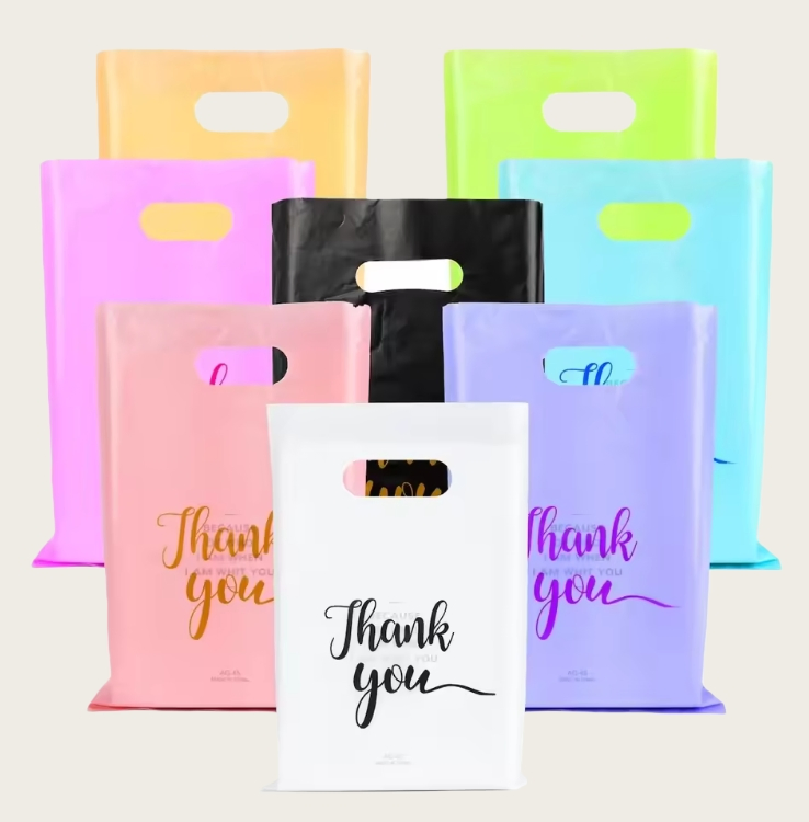 Custom Eco Friendly PE Bolsas De Plastico Shopping Para Compras Thick Die Cut Patch Carry Shopping Plastic Packing Bag with Logo