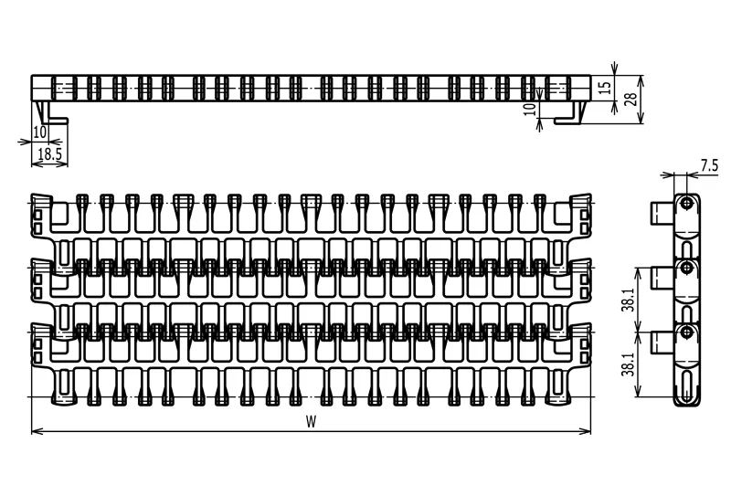 Plastic Conveyor Chain IS615 Radius Flush Grid with Pop-up Flights Modular Belt Inline View