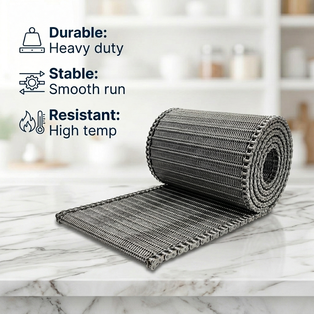 High Temperature 304 Stainless Steel Spiral Wire Mesh Bakery Flat Chain Conveyor Belts Decorative Net