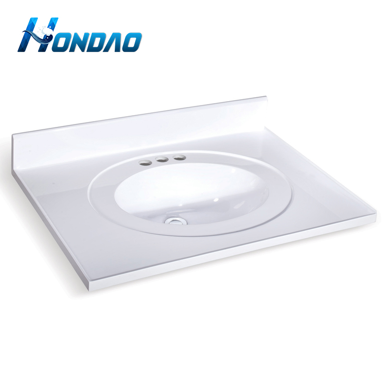 Hot Sale Artificial Stone 3 Holes Wash Basin Glossy White Cultured Marble Vanity Top
