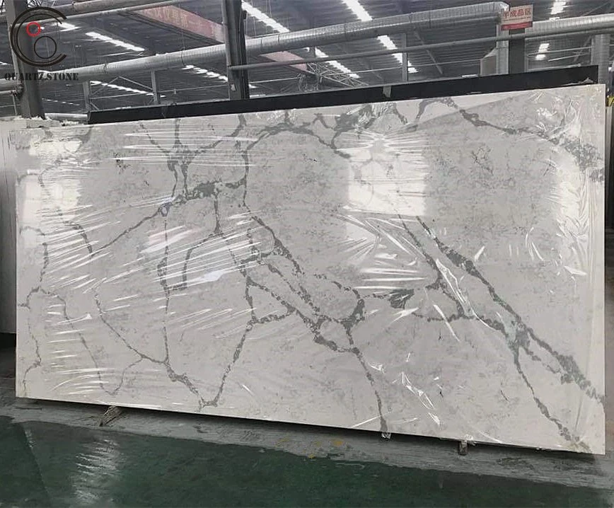 Marble Looking White Calacatta Veined Quartz Stone Plate