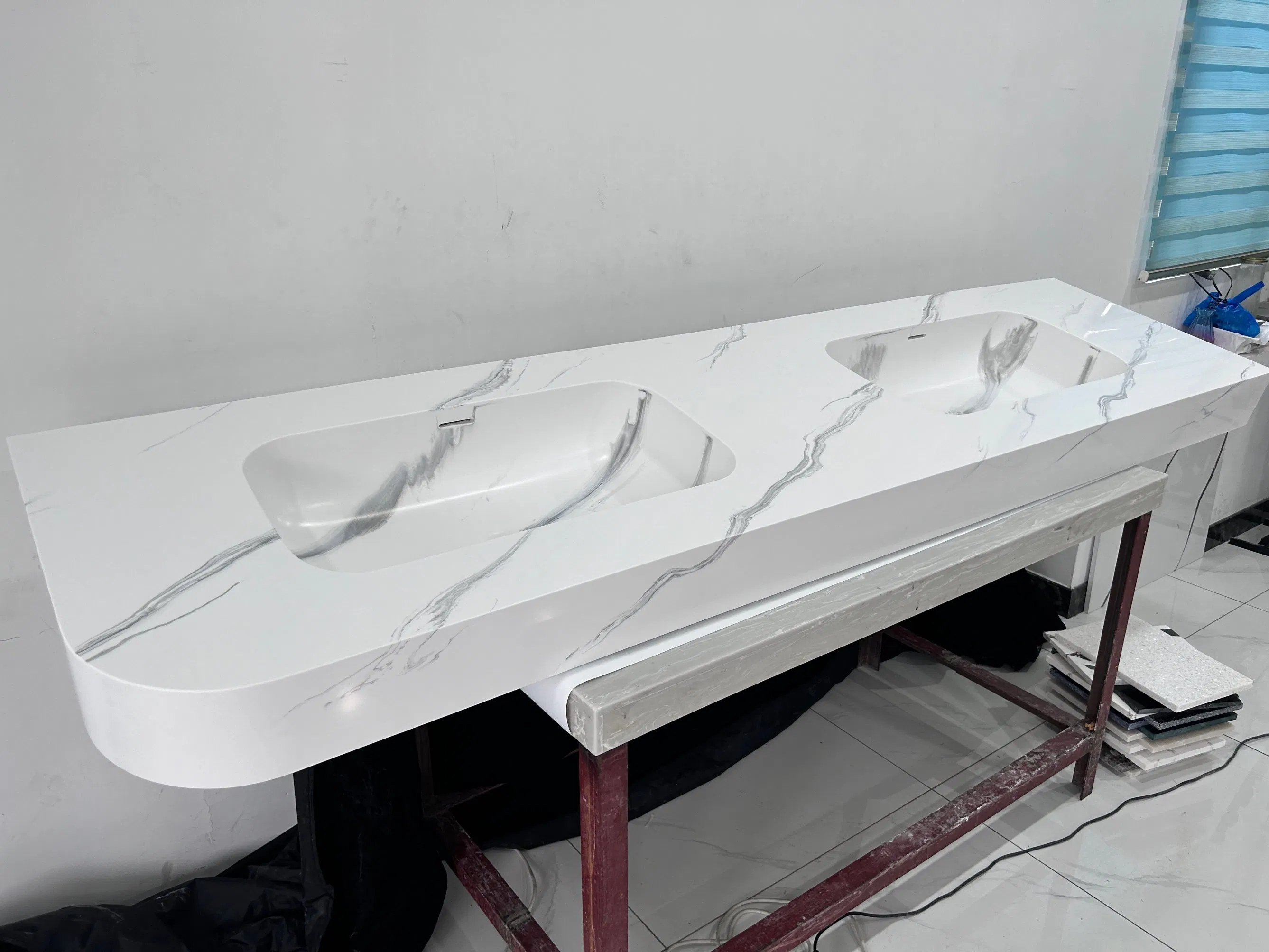 OEM Factory Wholesale Price Grey and White Marble Artificial Stone Acrylic Solid Surface Customized Long Bathroom Vanities Units Wholesale Bath Vanity Top