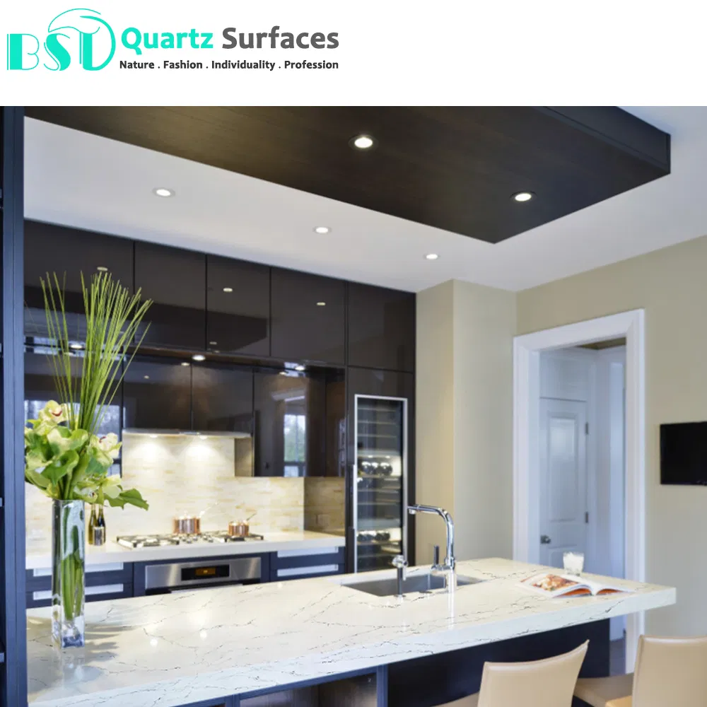 Golden Veined Artificial Quartz Stone for Countertop