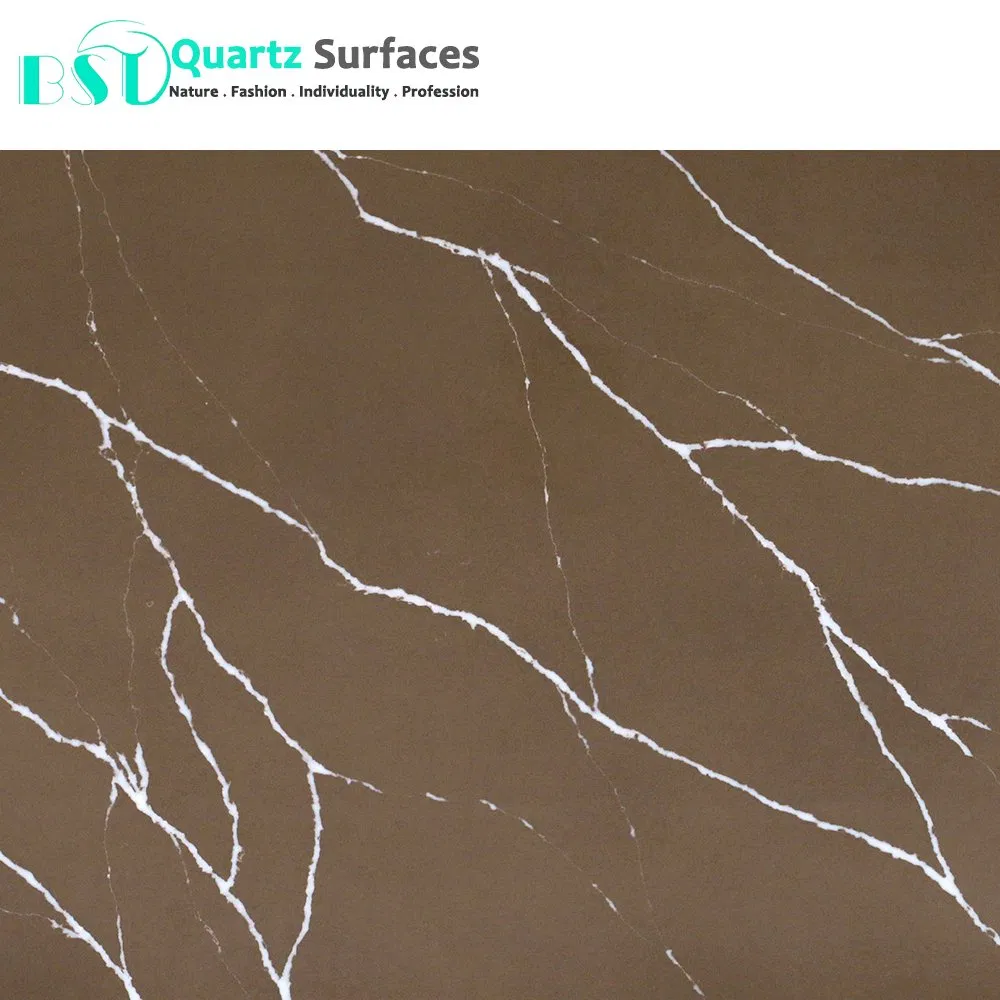 Chocolate Brown Veined Calacatta Artificial Quartz Stone for Countertops