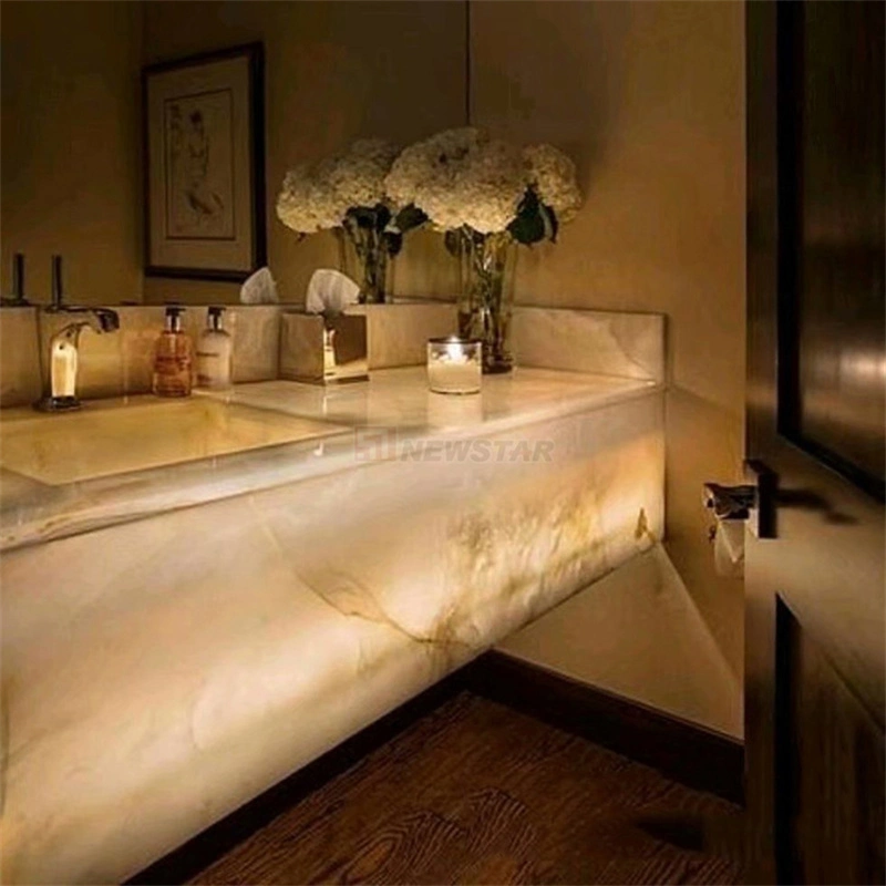 Newstar Natural Backlit Onyx Glass Panel Wall Tile Countertop Onyx Marble Slab Transparent White Onyx Translucent Stone