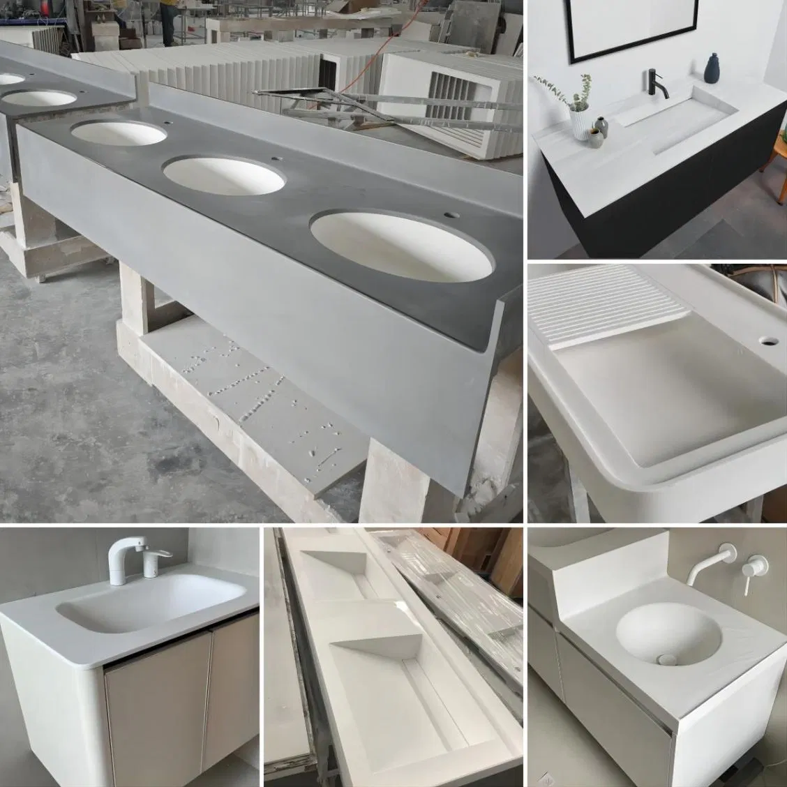 OEM Factory Wholesale Price Grey and White Marble Artificial Stone Acrylic Solid Surface Customized Long Bathroom Vanities Units Wholesale Bath Vanity Top