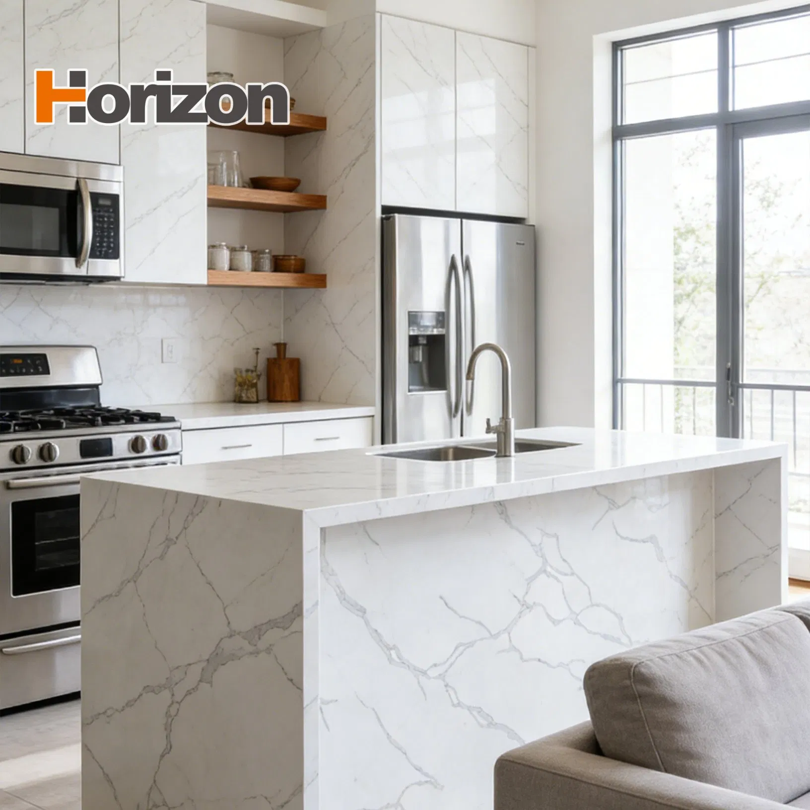 Horizon Wholesale Factory Price Calacatta White Kitchen Island Countertop Artificial Stone Quartz Stone