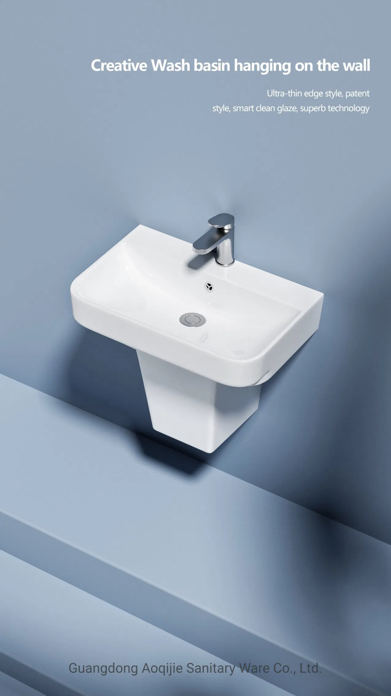 Patent Deisgn High Quality Wholesale Half Pedestal Washing Basin Bathroom Semi Pedestal Basin Unique Rectangle Sinks Wall Hung Basin