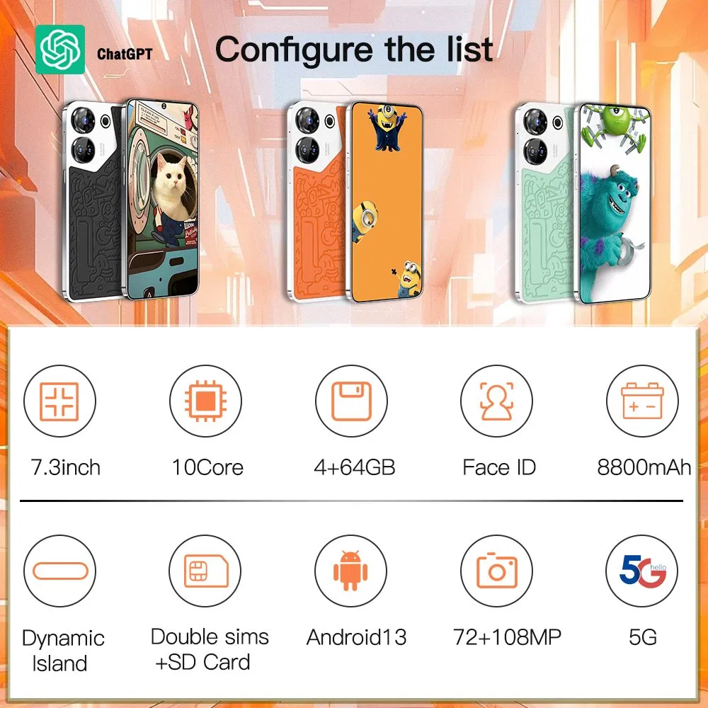 New Product Listing Large Screen Premium Orange C20 64GB Memory Deca Core 8800 Battery Capacity Face Recognition 5g Android Phone
