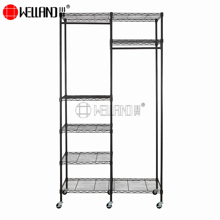 Movable Black Heavy Duty Steel Wire Shelving Garment Rack with Hanger Bar