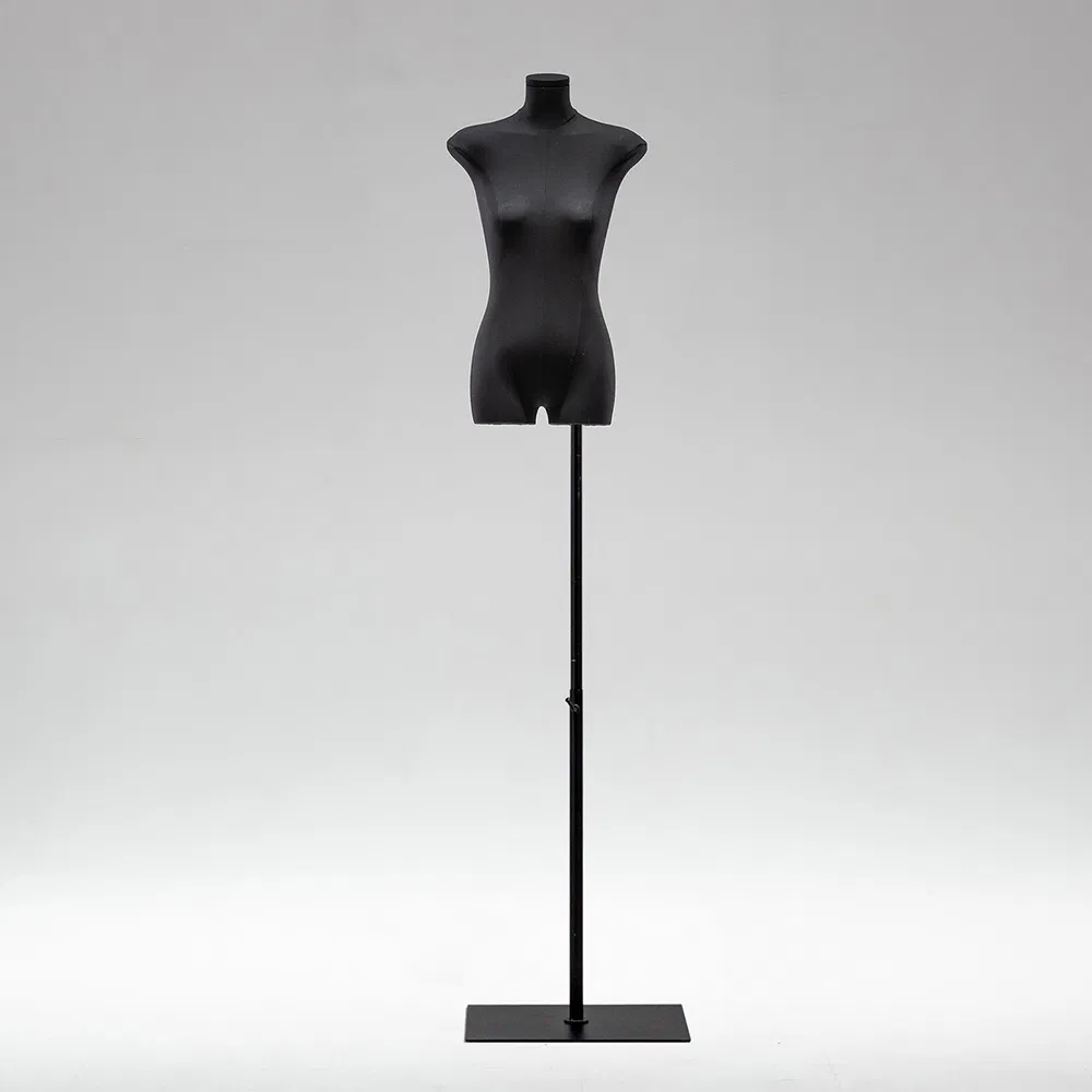 Customized Fabric Covered Flat Half Body Mannequin in Matt White/Black with Adjustable Height Metal Base Made of PP/PE/ABS/Fiberglass for Female Clothes Display