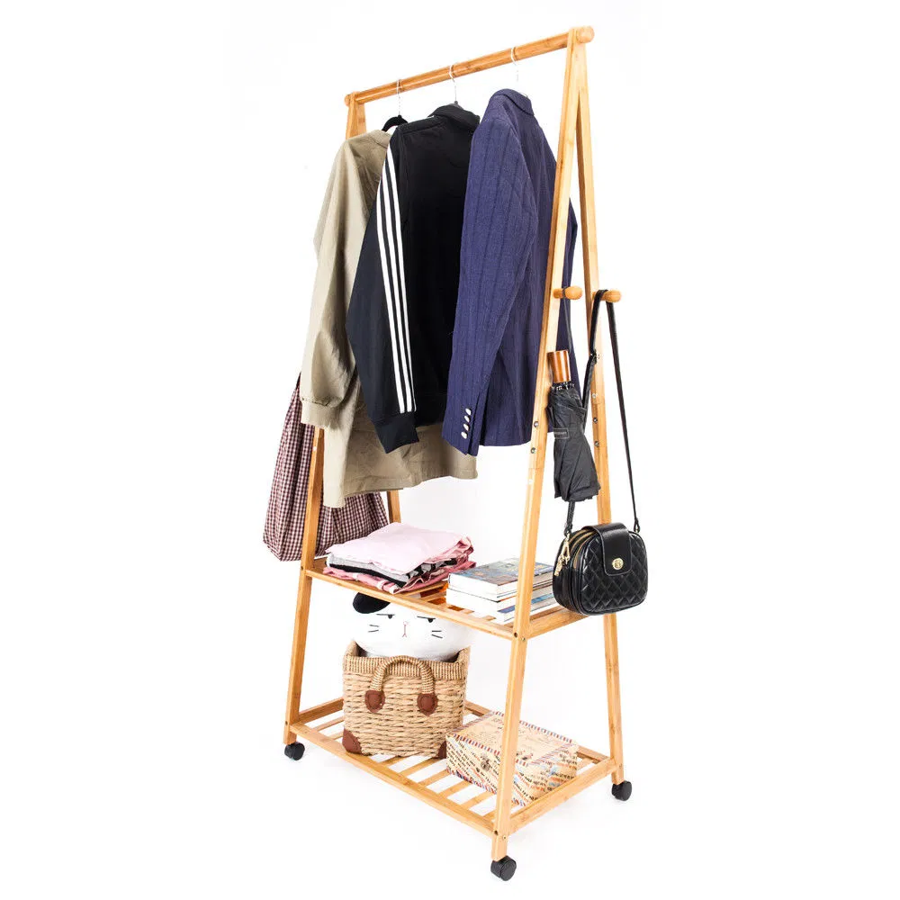Bedroom Bamboo Frame Garment Rack Cloth Hanger Shelf Wooden Clothing Hanging Clothes Rack with Laundry Basket