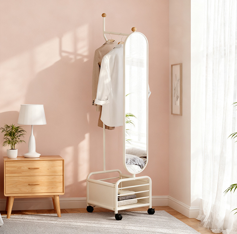 Elegant Rotating Dressing Mirror and Garment Rack Set Modern Floor Mirror and Coat Rack Versatile Floor Standing Mirror with Coat Hanger Design