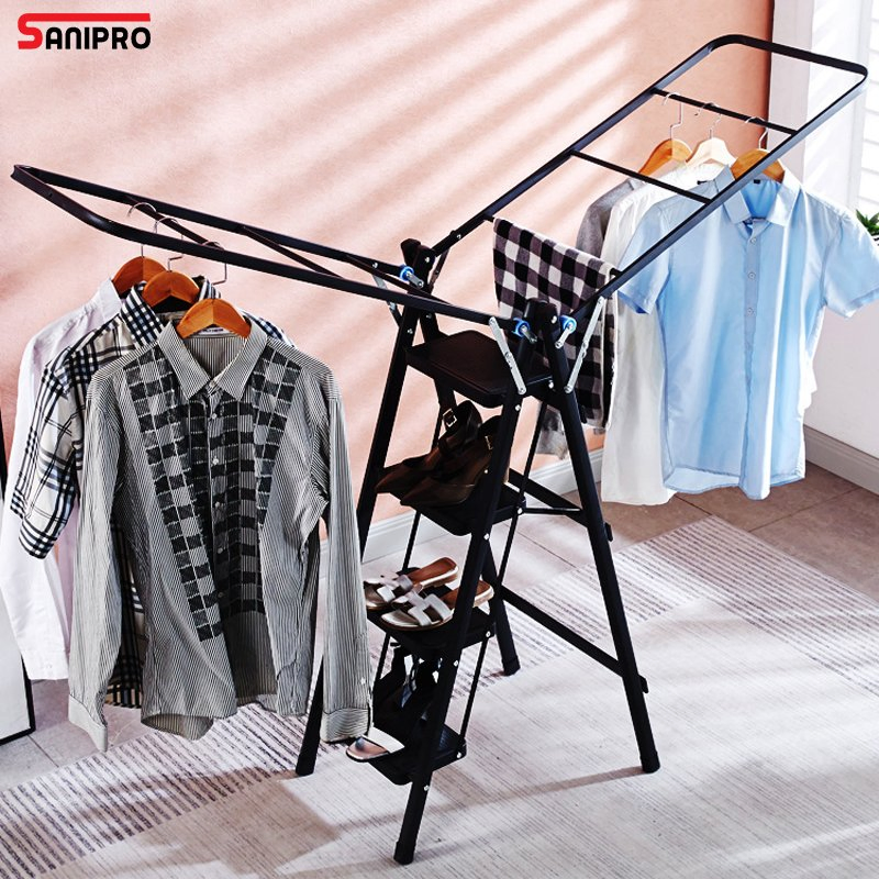 Sanipro Portable Home Kitchen Warehouse Supermarket Use 4-Step Ladder Floor Standing Clothes Hanger Indoor Foldable Drying Rack