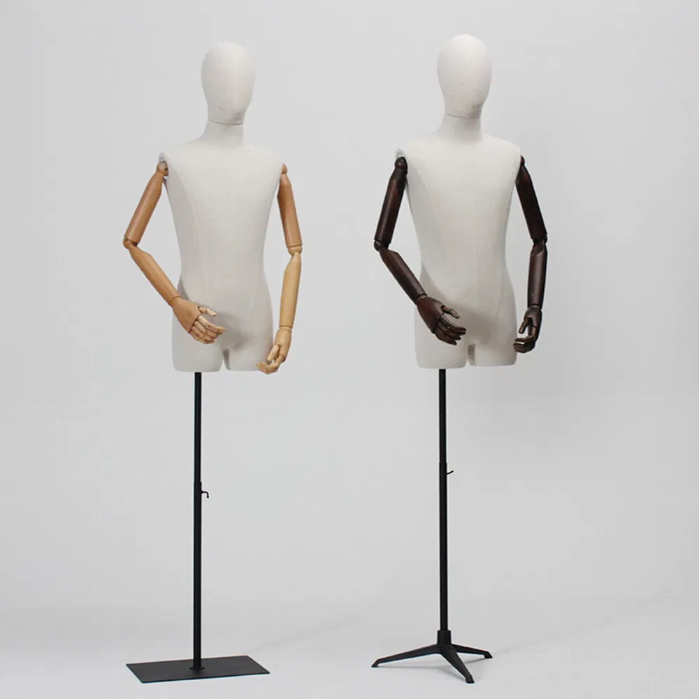 Fashionable Upper Body Mannequin in Matt/Glossy White/Black with Height Adjustable Stand and Wooden Arms Made of PP/PE/ABS/Fiberglass for Male Clothing Display