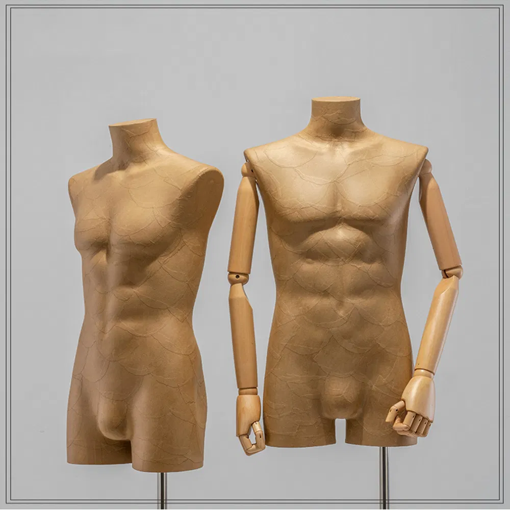 New Design Headless Half Body Kraft Paper Mannequin in Matt/Glossy Brown with Adjustable Height Stand Base Made of PP/PE/ABS/Fiberglass for Male Clothes Display