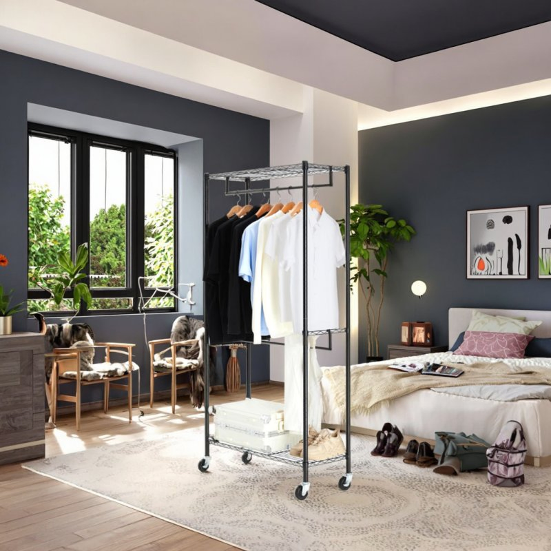 Black Coating Heavy Duty Rolling Garment Rack Double Hanger Rods and Shelves for Clothes S