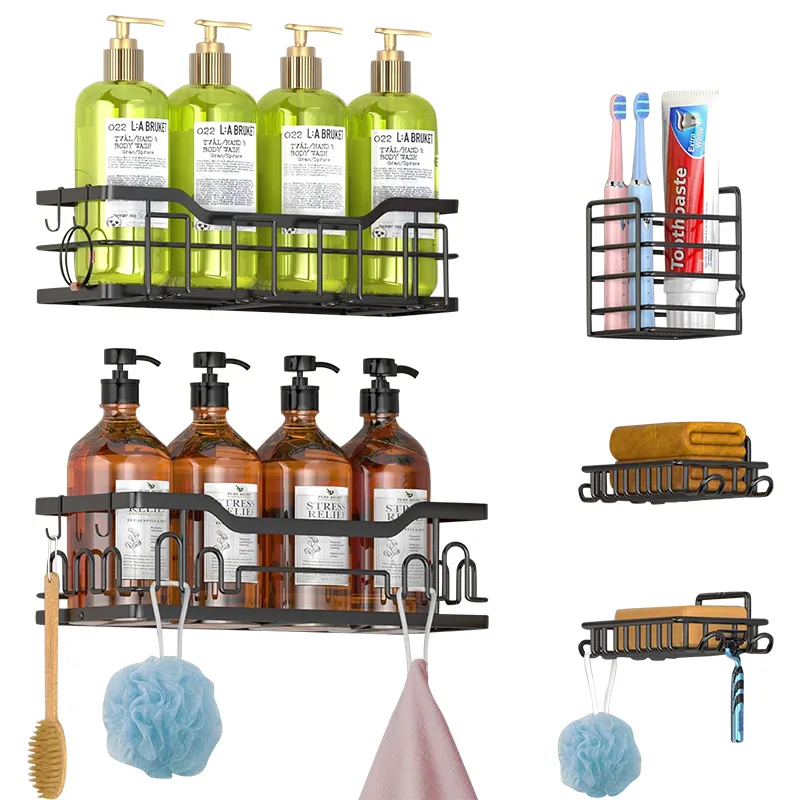 Black bathroom shampoo shelf