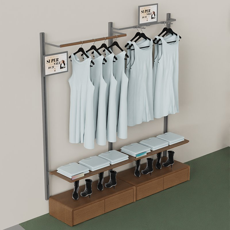 Custom Hanger Metal Display Rack with Storage Shelf for Retail Clothing Shop