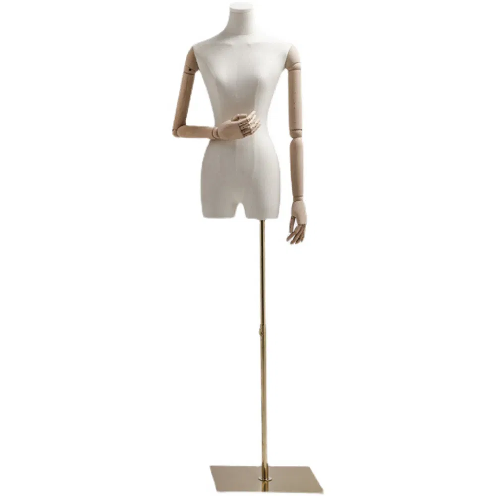 Exquisite Headless Half Body Mannequin Stand in Matte White/Black with Wooden Arms and Height Adjustable Base Made of ABS/Fiberglass for Female Clothing Display
