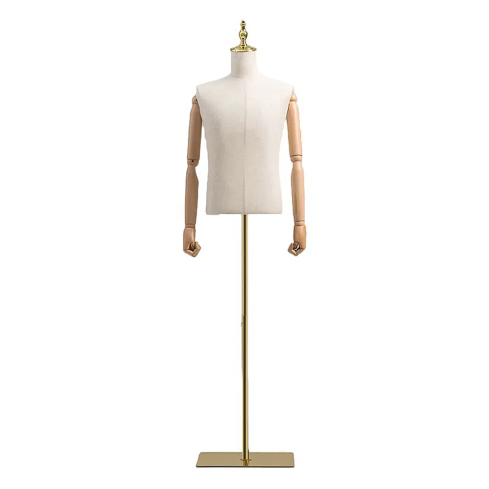 Popular Headless Half Body Mannequin in Matte White/Black with Wooden Arms and Adjustable Height Bracket Base Made of PP/PE/ABS/Fiberglass for Male Suit Display