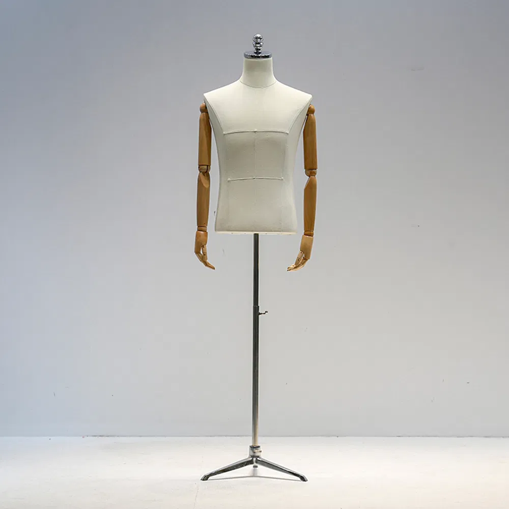 Popular Headless Half Body Mannequin in Matte White/Black with Wooden Arms and Adjustable Height Bracket Base Made of PP/PE/ABS/Fiberglass for Male Suit Display