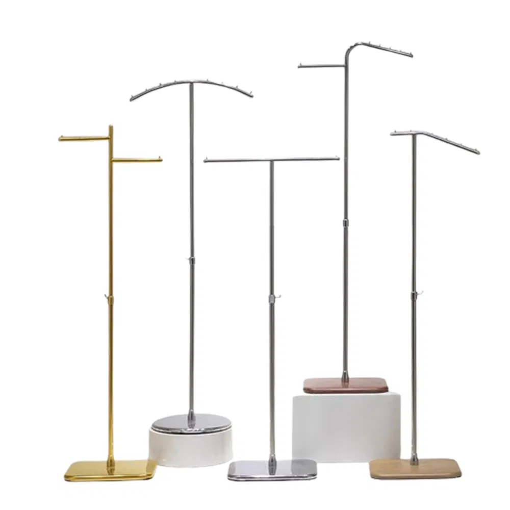 Wholesale Boutique Adjustable Height Floor Standing Garment Display Racks in Golden/Silver with Base Made of Stainless Steel for Clothing Store