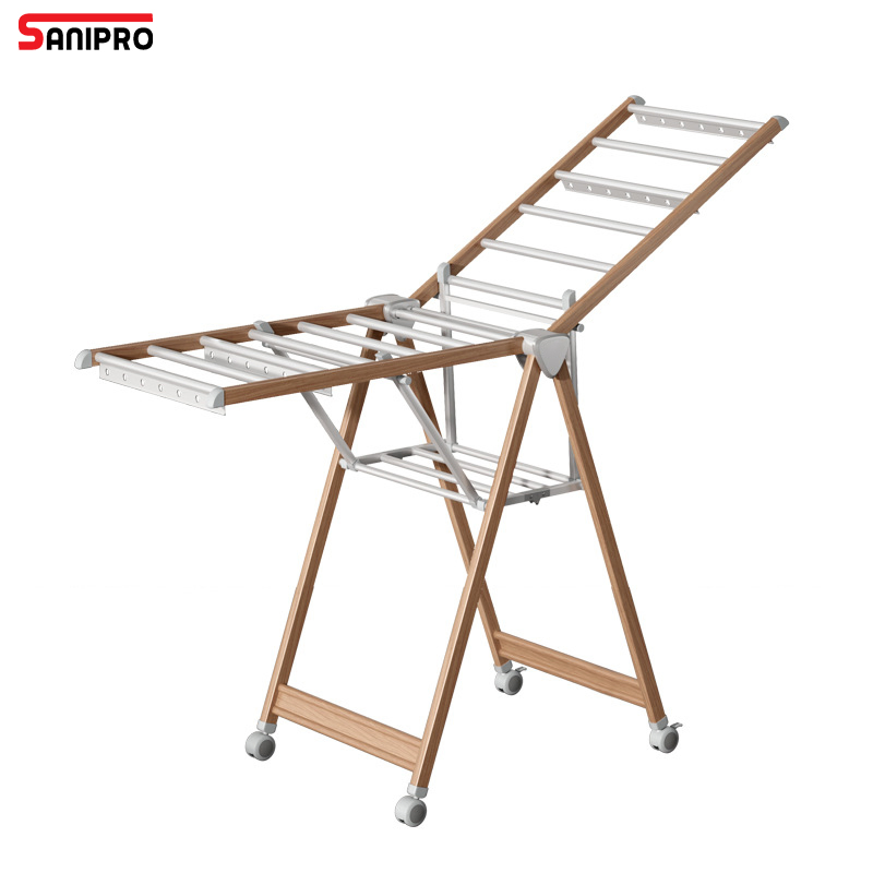 Sanipro Home Wood Grain Aluminum Alloy Wing Butterfly Type Portable Baby Clothes Drying Rack Foldable Laundry Hanger with Wheels