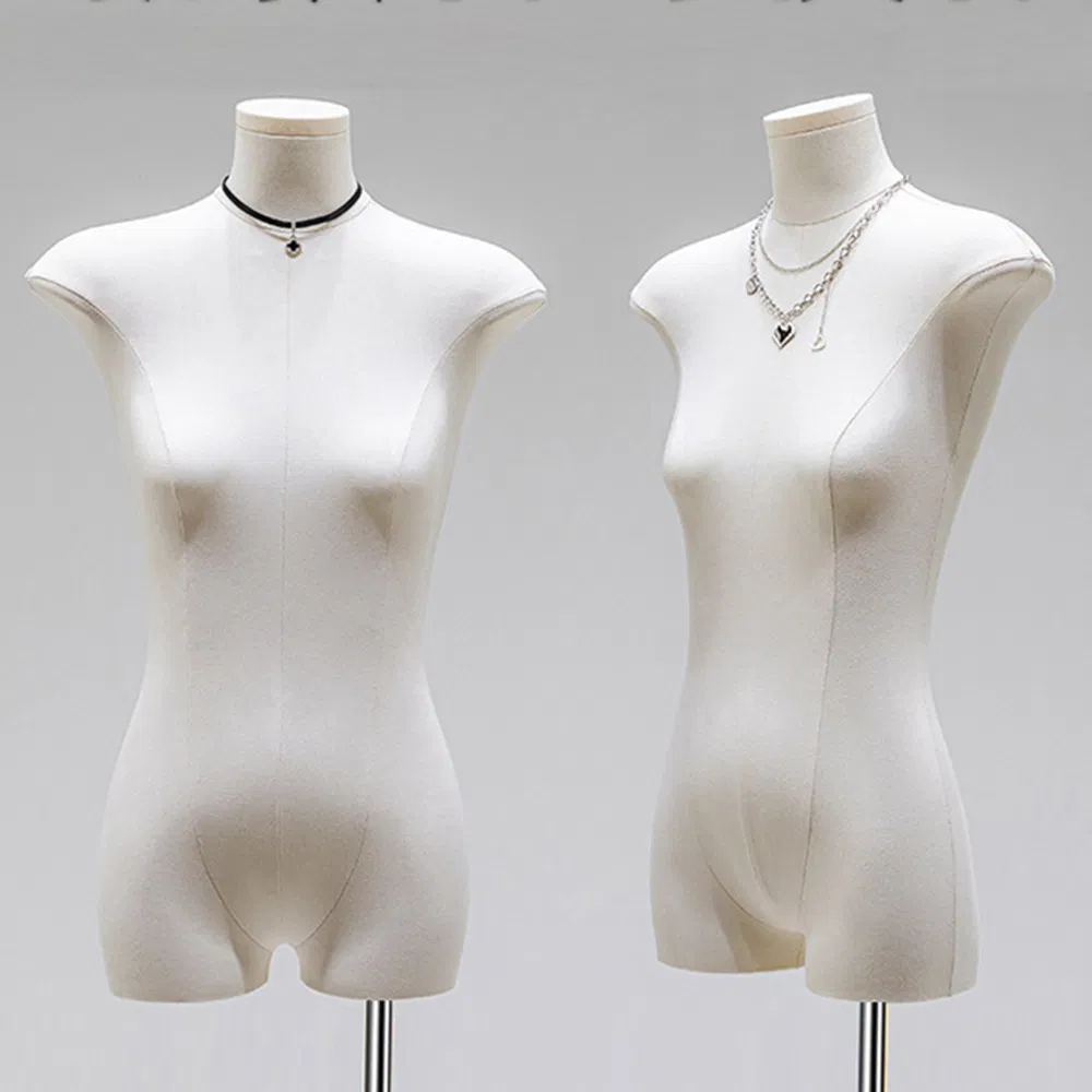 Customized Fabric Covered Flat Half Body Mannequin in Matt White/Black with Adjustable Height Metal Base Made of PP/PE/ABS/Fiberglass for Female Clothes Display