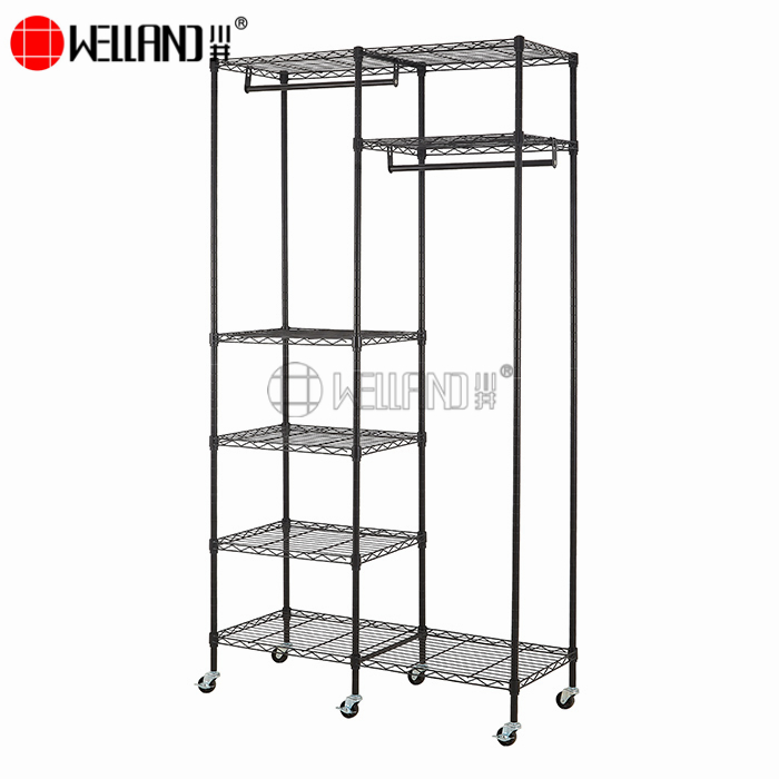 Movable Black Heavy Duty Steel Wire Shelving Garment Rack with Hanger Bar