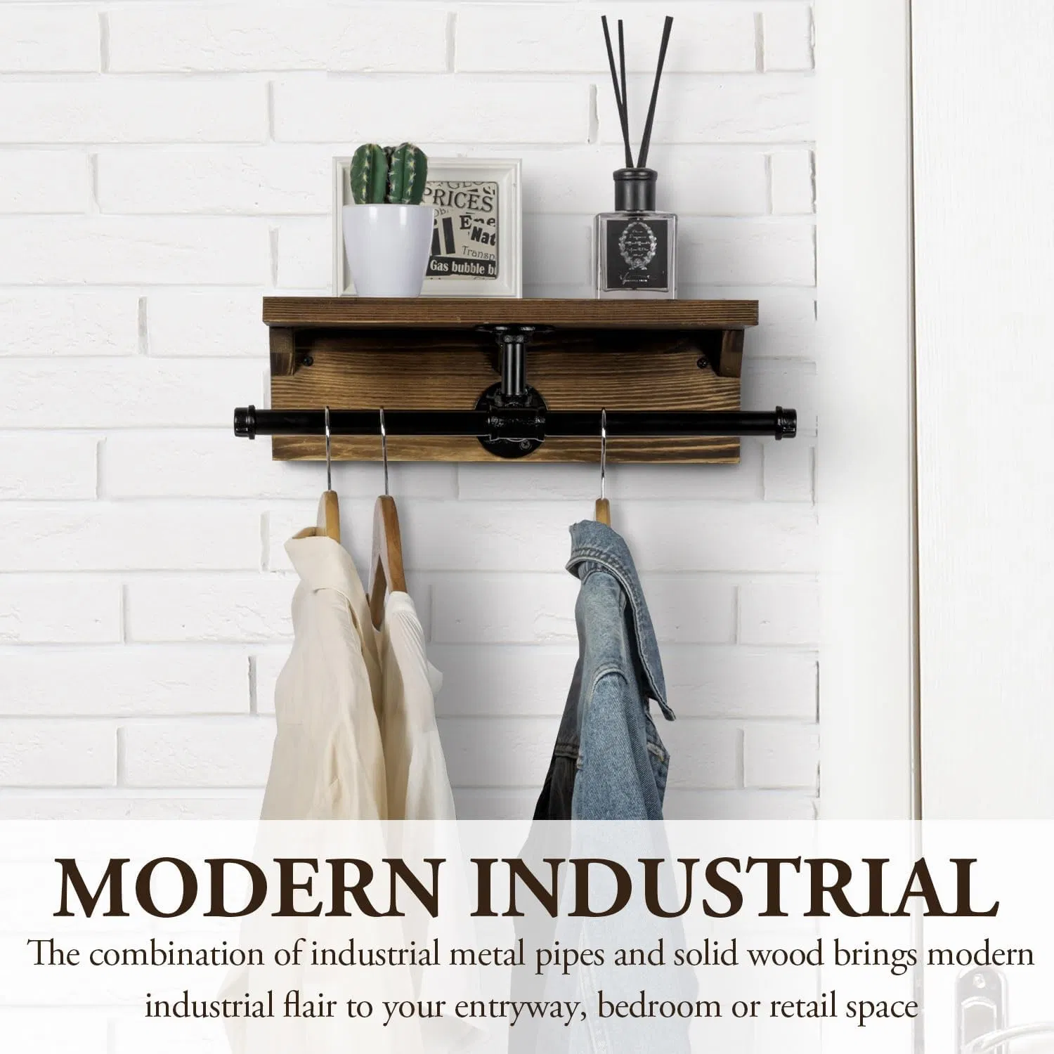 Wall Mounted Garment Rack with Top Rustic Burnt Solid Wood Shelf Industrial Matte Black Metal Pipe Storage Clothing Hanger Rod and Display Shelf
