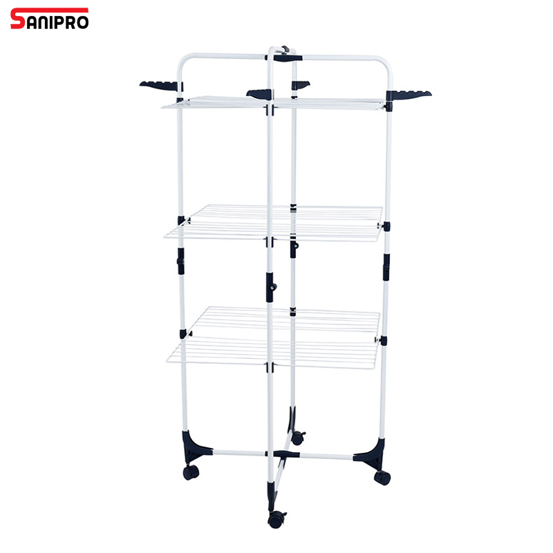 Sanipro 3 Tier Tower Foldable Adjustable Towel Drying Rack Removable 360 Degree Rotation Metal Clothes Hanger with 4 Hooks