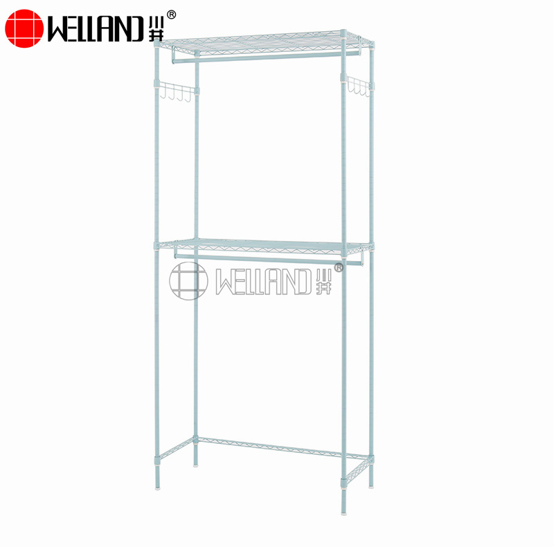 Vertical Epoxy Coated Color 2 Shelves Metal Storage DIY Garment Rack with 2 Clothes Hanger
