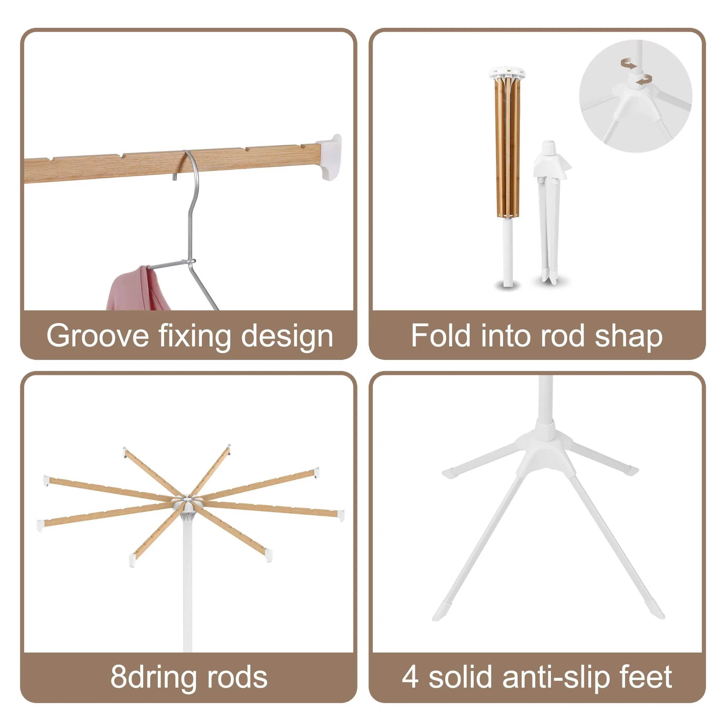 2025 Octopus Folding Bamboo Cloth Drying Rods Floor Standing Clothes Drying Rack Tripod Wooden Laundry Hanger