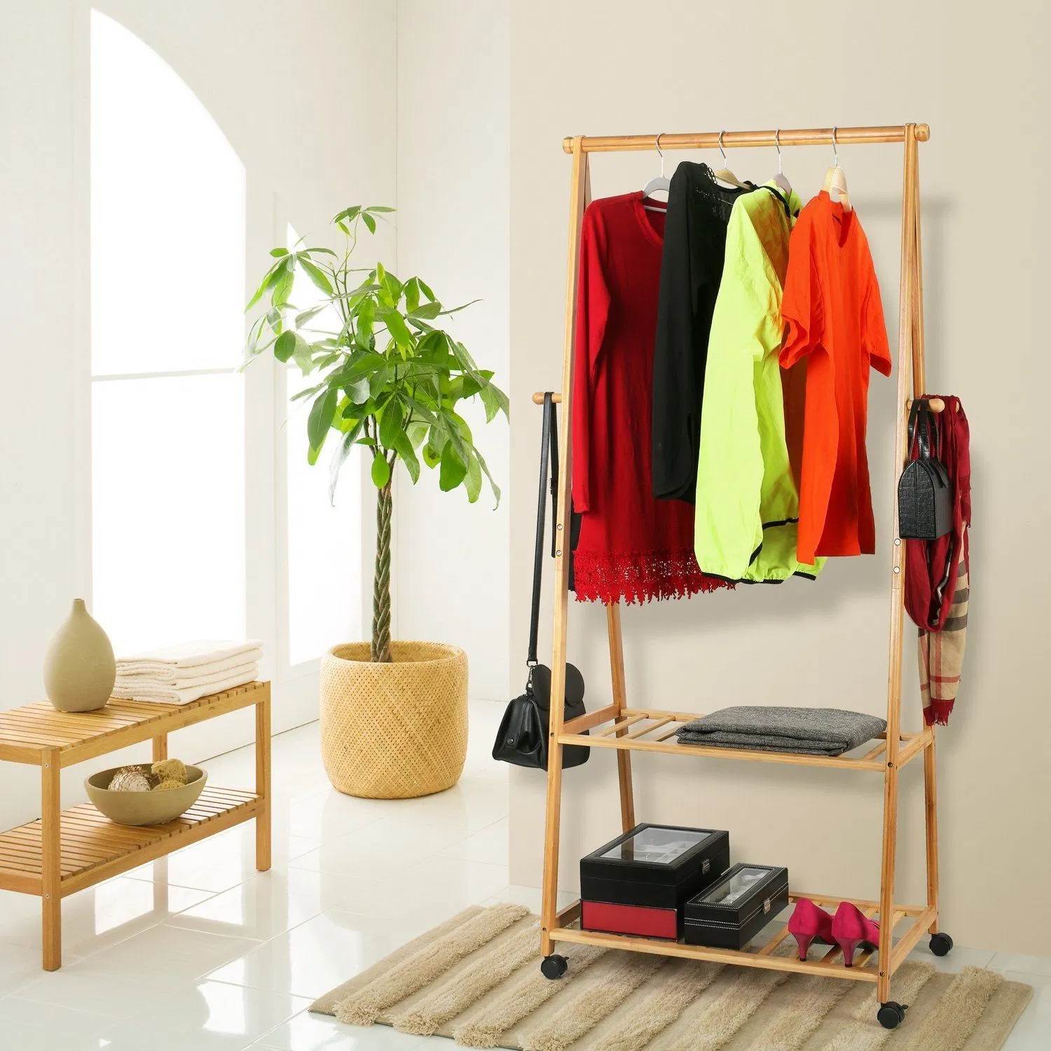 Bedroom Bamboo Frame Garment Rack Cloth Hanger Shelf Wooden Clothing Hanging Clothes Rack with Laundry Basket