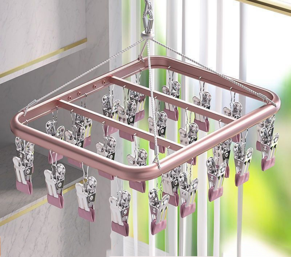 Fashion Boutique Sock Drying Rack in Blue/Rose Gold/Silver/Green with 360 Degrees Swivel and Adjustable Clips for Men/Female/Kids/Adult Shirt/Underwear/Hat