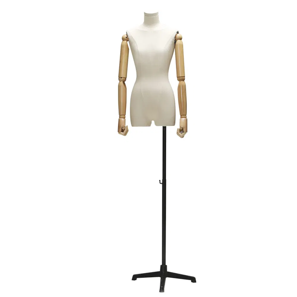 Exquisite Headless Half Body Mannequin Stand in Matte White/Black with Wooden Arms and Height Adjustable Base Made of ABS/Fiberglass for Female Clothing Display